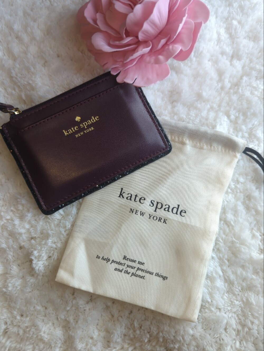 Kate Spade New York Rare Plum Bordeaux Wine Glitter Card Wallet With Dust Bag
